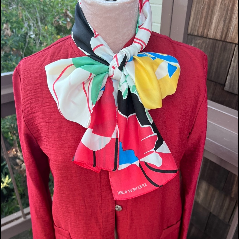 Scarf- Floral, colorful silk oblong scarf, Jones of New York, 62” x 13” - Picture 1 of 15